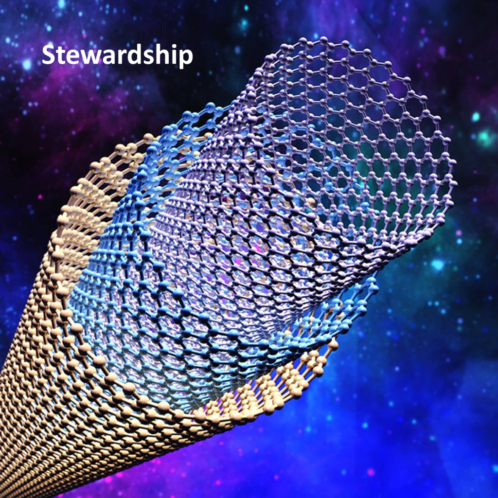 Illustration of a Multiwalled Carbon Nanotube structure made of interconnected nodes with the word "Stewardship" in the top left corner, set against a vibrant, space-like background.