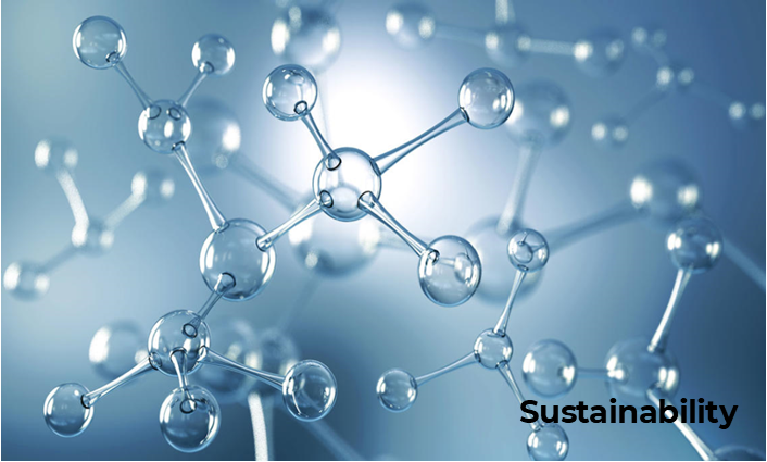 A graphic of molecular structures in a blue gradient background with the word "Sustainability" written in the bottom right corner.