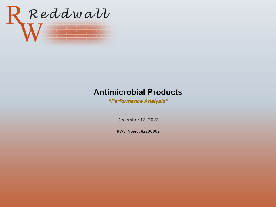 Cover page of a report titled "Antimicrobial Products: Performance Analysis," dated December 12, 2022, for Reddwall Project #2206002. Logos and design elements in red and grey are present, highlighting our Microbiology Testing Services.