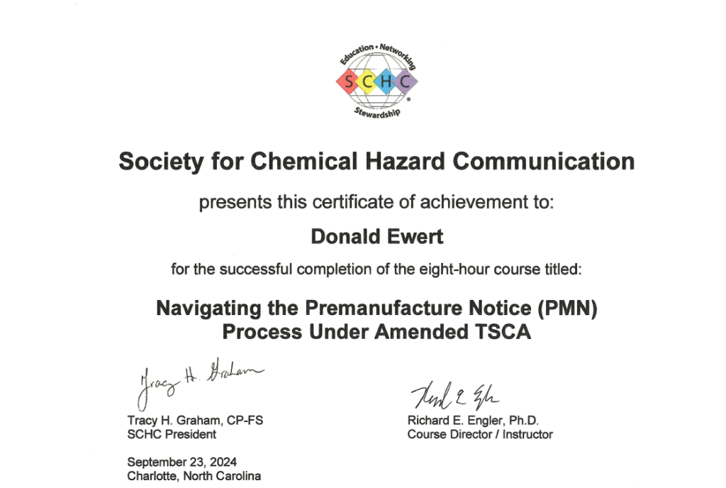 Certificate from the Society for Chemical Hazard Communication - Navigating the Premanufacture (PMN) and Significant New Use (SNUN) Notice Process under Amended TSCA.